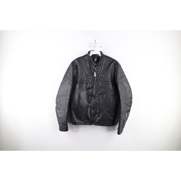 Vtg 60s 70s Streetwear Mens 38 Distressed Leather Cafe Racer Bomber Jacket Black